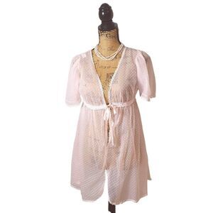 Vintage Radcliffe Pink Lingerie Robe M Sheer Polka Dot With Tie Closure Lace Tri